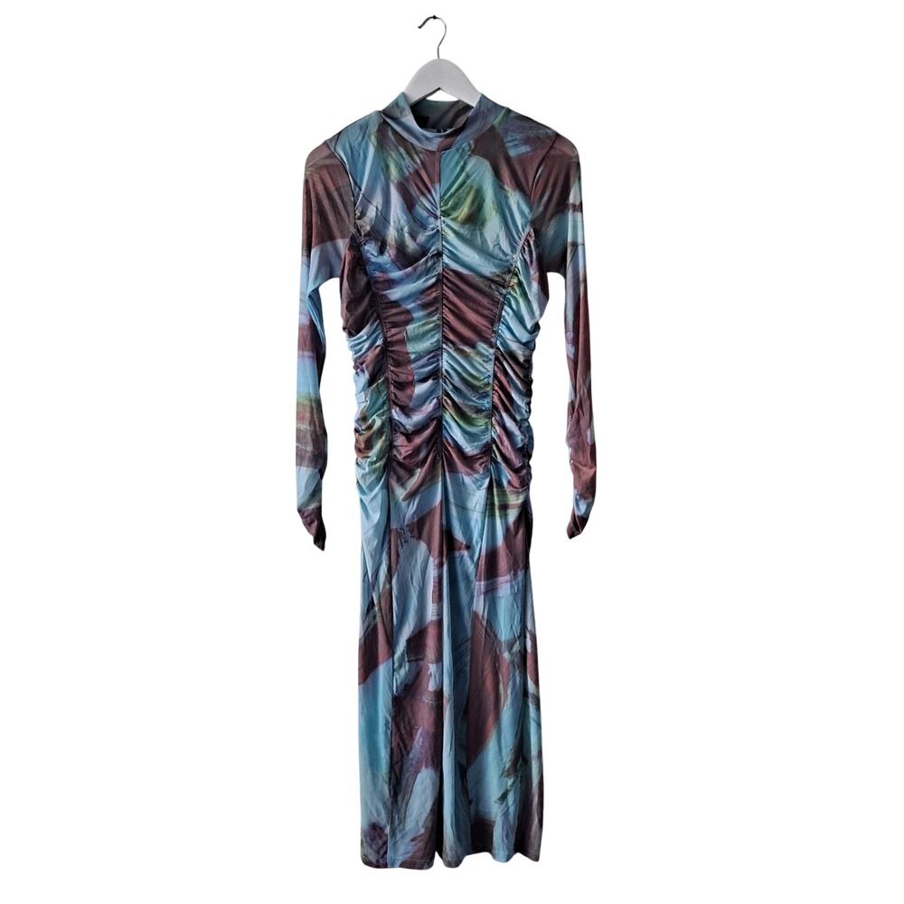 Anthropologie Printed Mesh Dress Long Sleeve Midi Bodycon Blue Brown Size M NWT - Picture 2 of 13